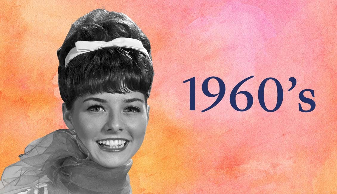 Black and white image of 1960s woman on a colorful background.