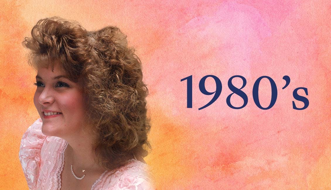 Headshot of woman from the 1980s on a colorful background.