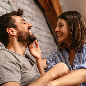 Woman talking to her husband about dyeing his beard and hair with Colorsmith custom home hair color