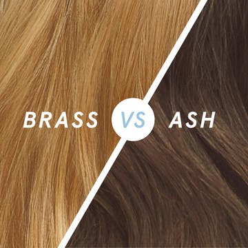 Image of splitscreen with hair that has brass tones on one side and hair with ash tones on the other to compare the differences