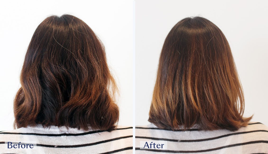 Images showing the before and after results of balayage highlights. 