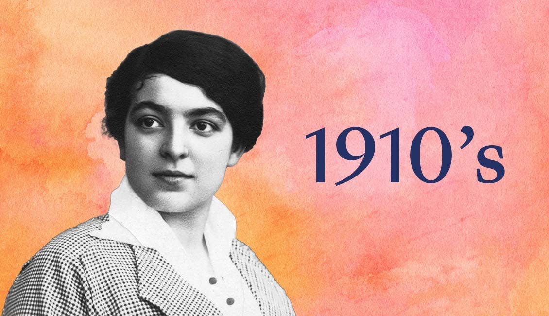 Black and white image of 1910s woman on a colorful background.