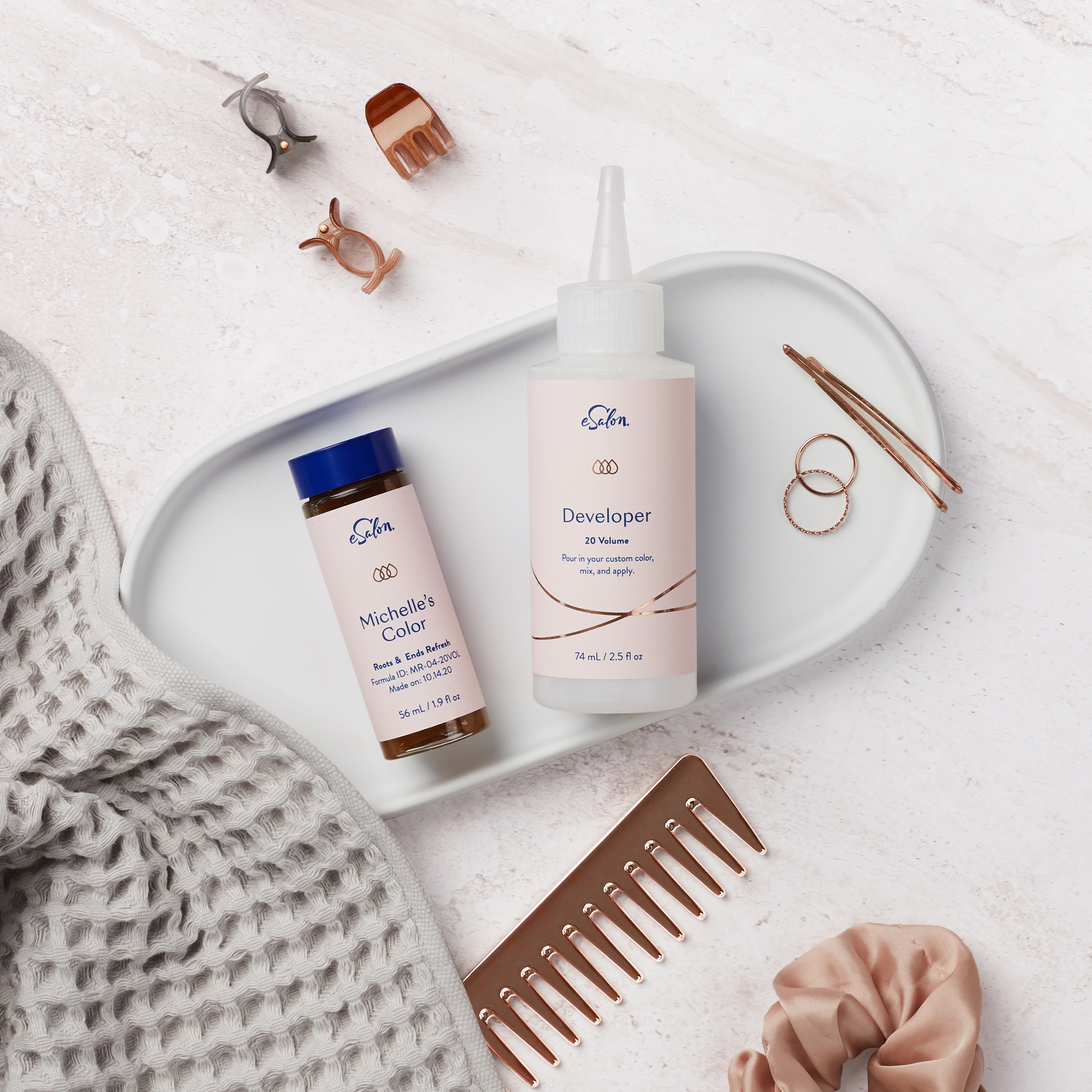 eSalon hair color on a bathroom counter. 