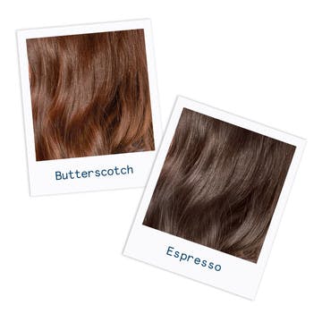 Image of two brunette hair colors in a cool custom butterscotch shade and a cool espresso brunette hair color for inspiration