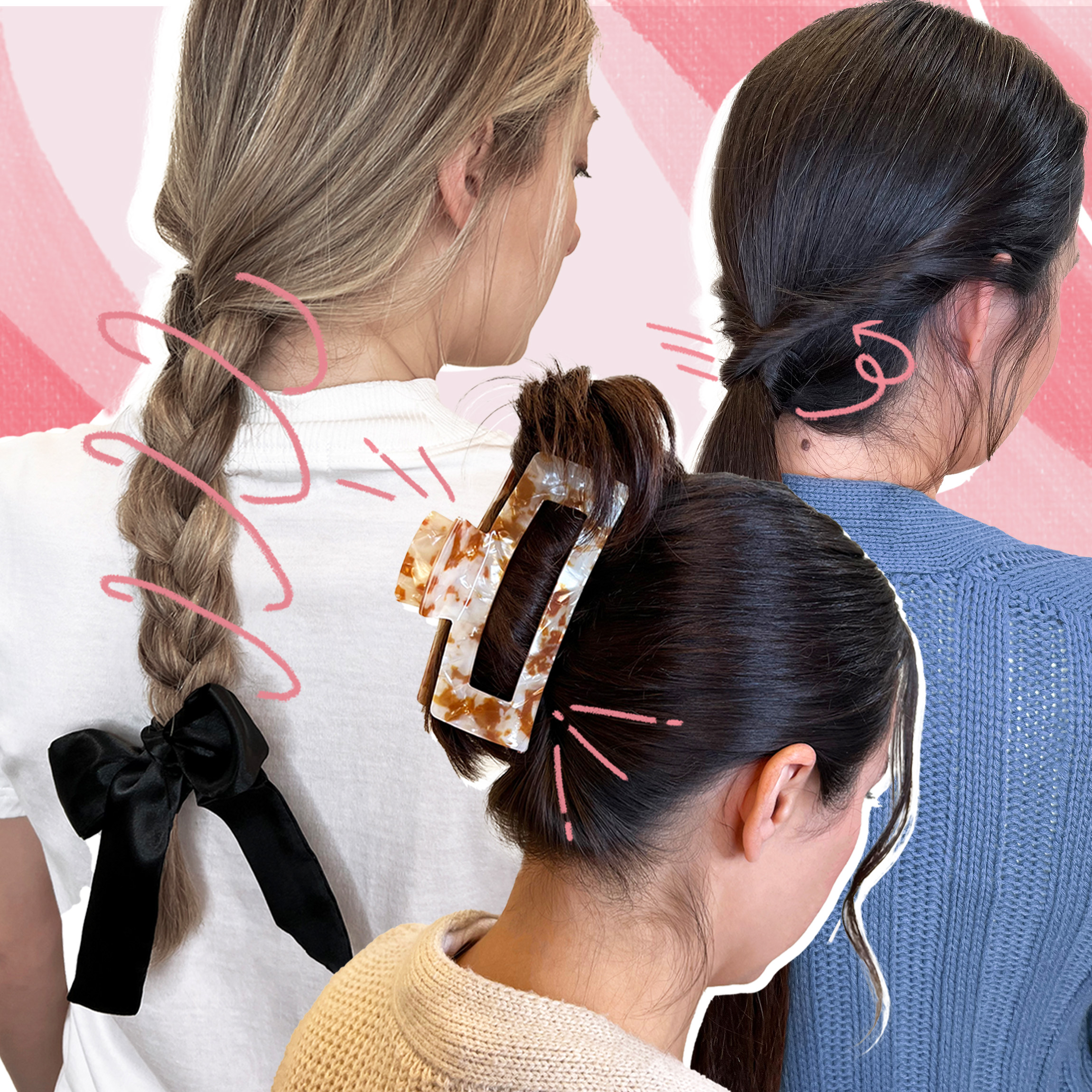 A collage of three different women showcasing three easy hairstyles for hectic mornings