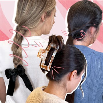 A collage of three different women showcasing three easy hairstyles for hectic mornings