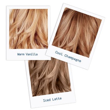 Image of three custom blonde hair colors in a range from light to medium blonde and warm to cool tones with warm vanilla on the left iced latte in the middle and a cool champagne on the right 