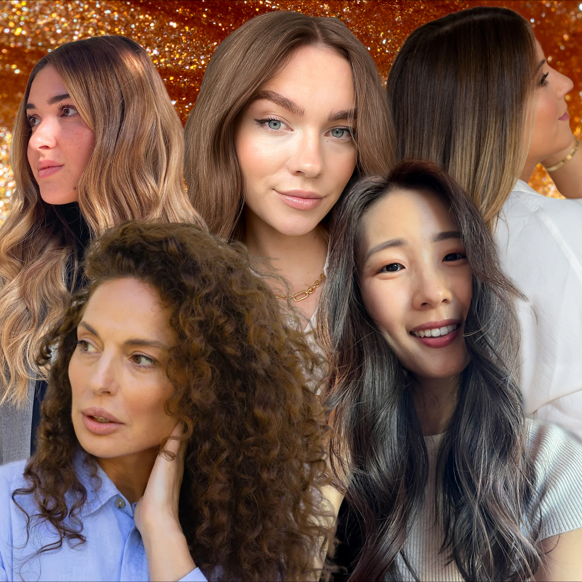 Collage of women showcasing different Quiet Luxury hair colors with a glittering background.