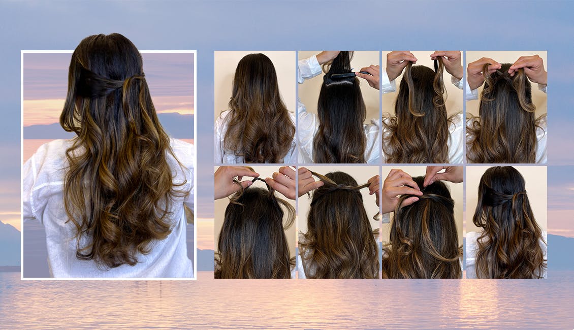 Woman with brown hair showcasing a step-by-step illustration of how to execute the knotted half up-do hairstyle
