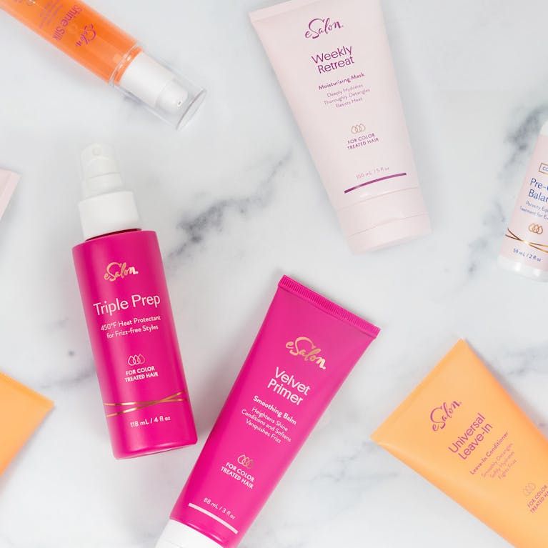 eSalon summer color care and styling products in eco-friendly packaging.