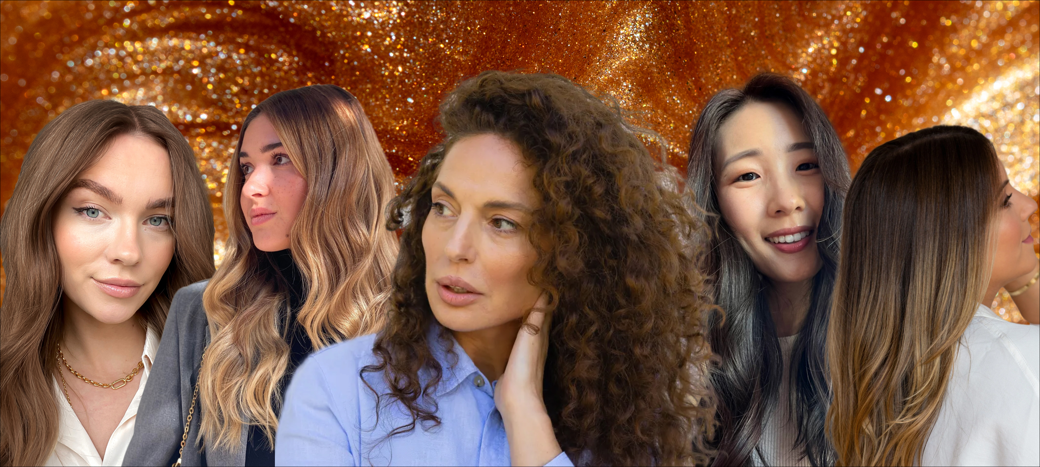 Collage of women showcasing different Quiet Luxury hair colors with a glittering background.