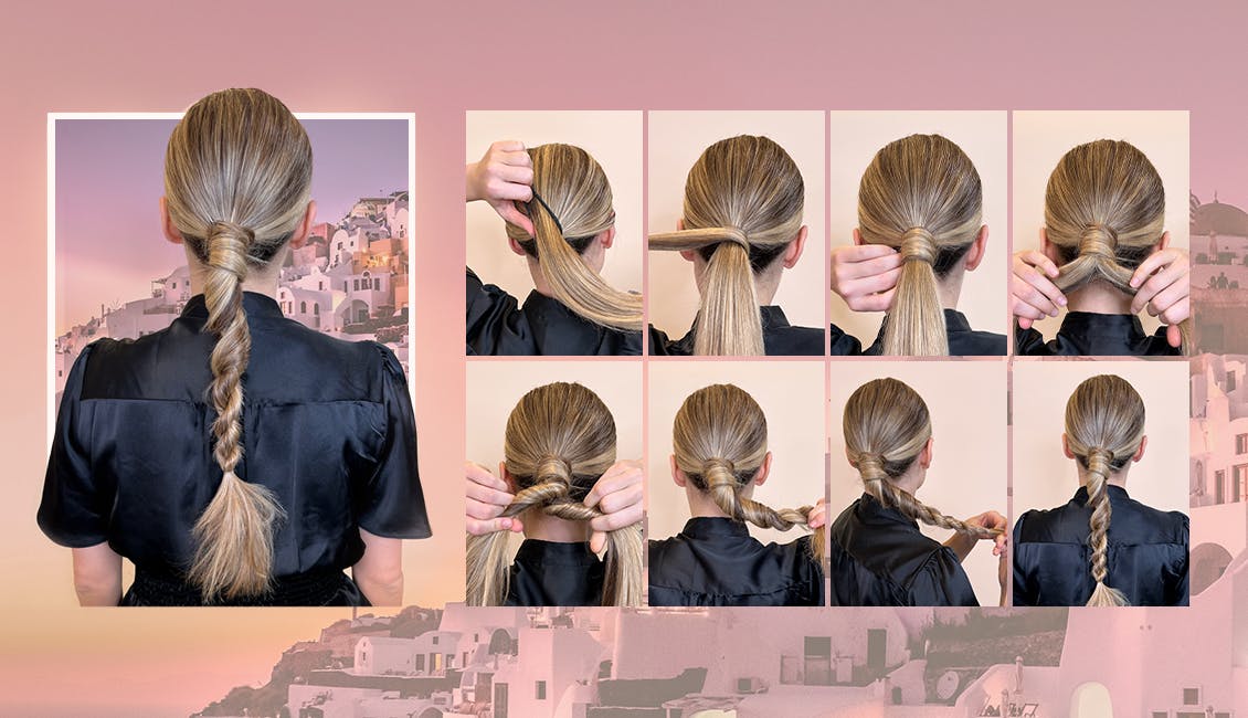 Woman with blonde hair showcasing a step-by-step illustration of how to execute the twisted braid hairstyle