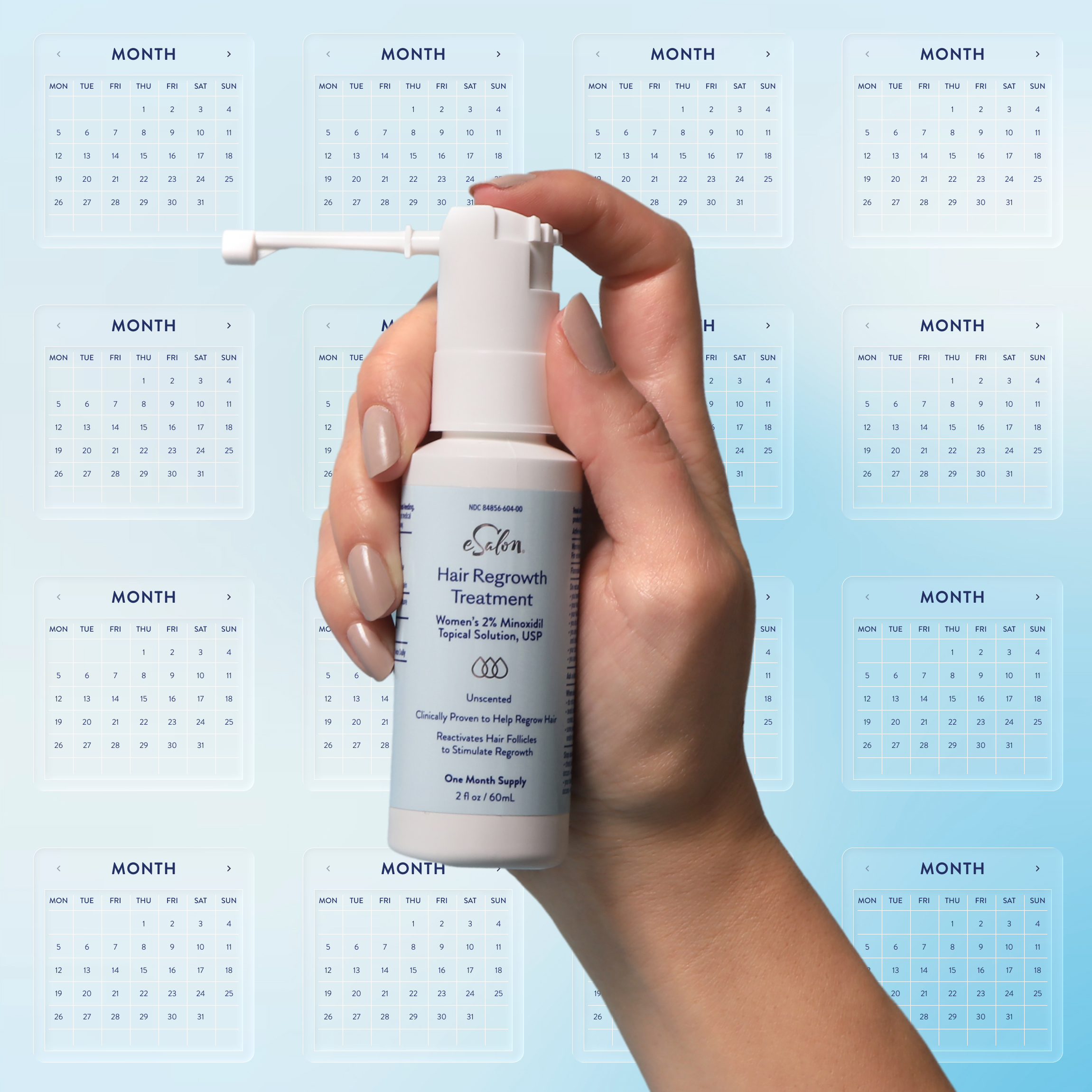 Person holding the eSalon 2% minoxidil hair regrowth treatment with a calendar graphic in the background. 