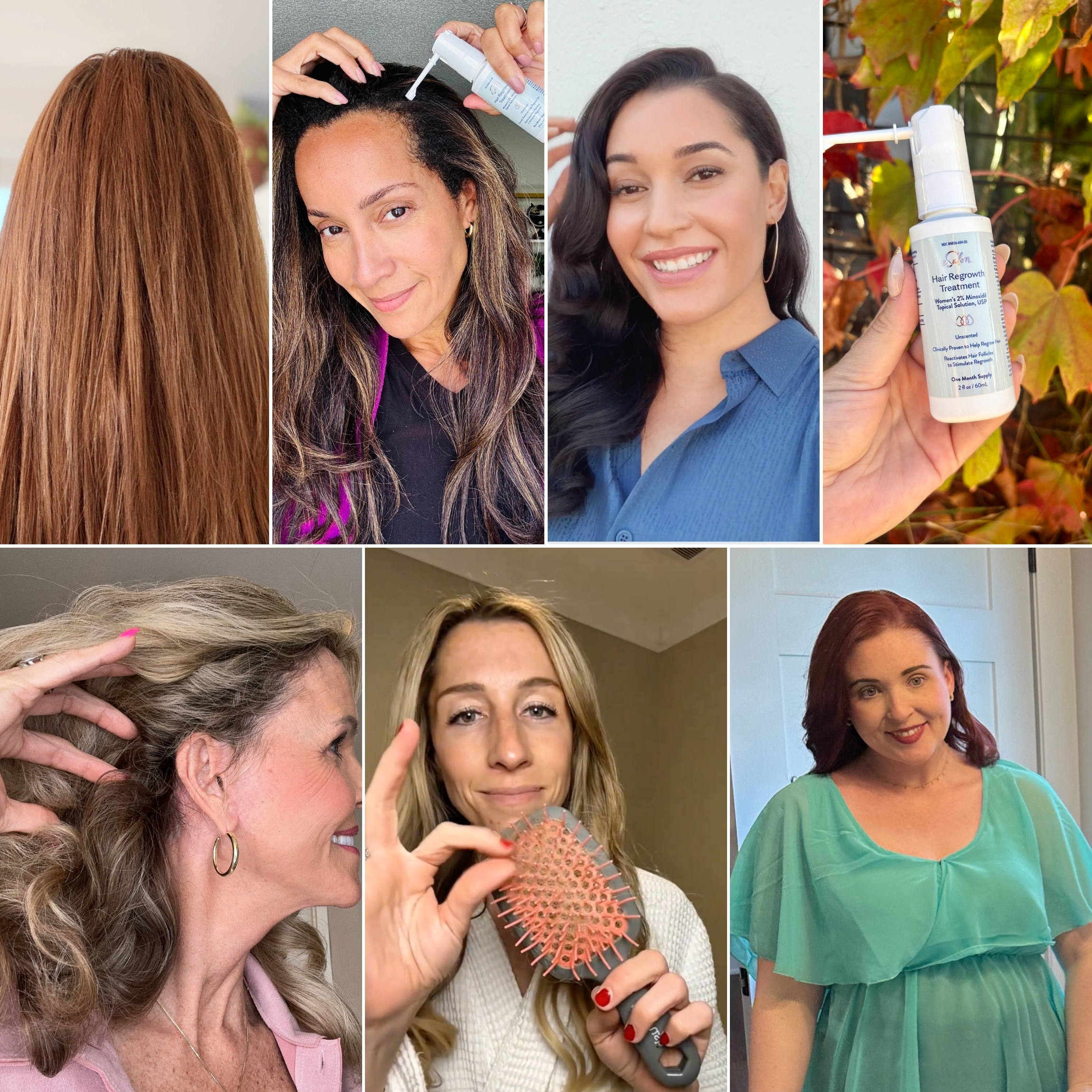 Collage of women using our 2% minoxidil hair regrowth treatment, smiling in the mirror, or examining their hair. 