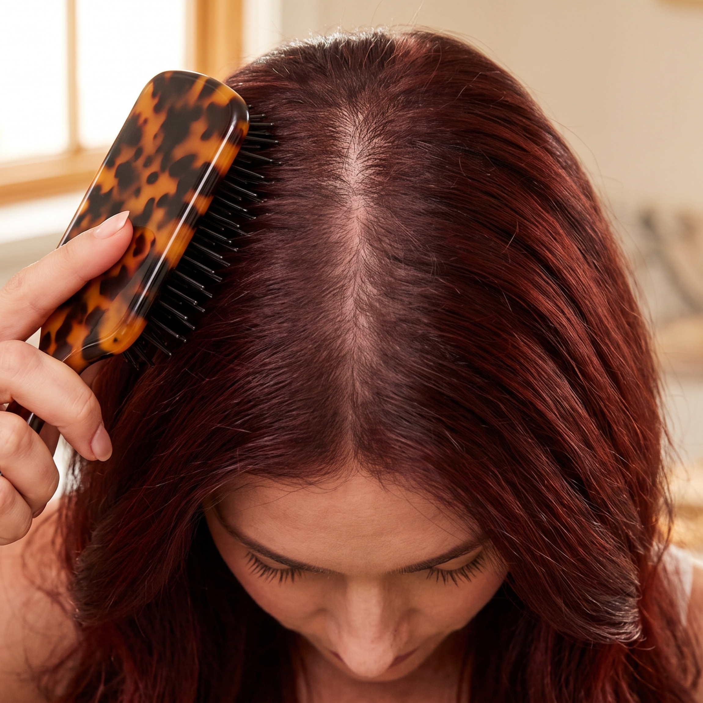 Top view of a woman's head. She's brushing her hair and you can see a clear view of her part and scalp.