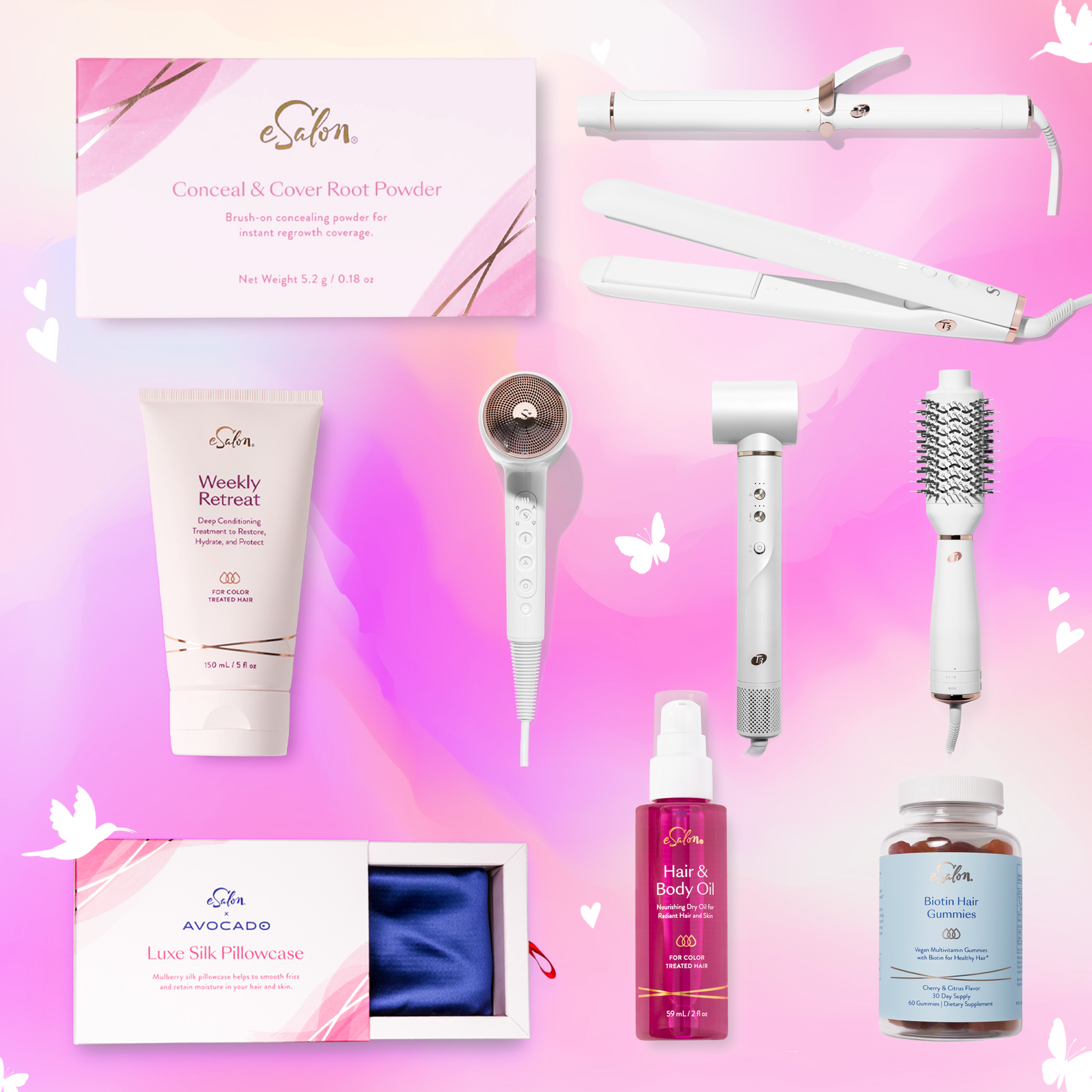Collage of products with a pink gradient in the background. 