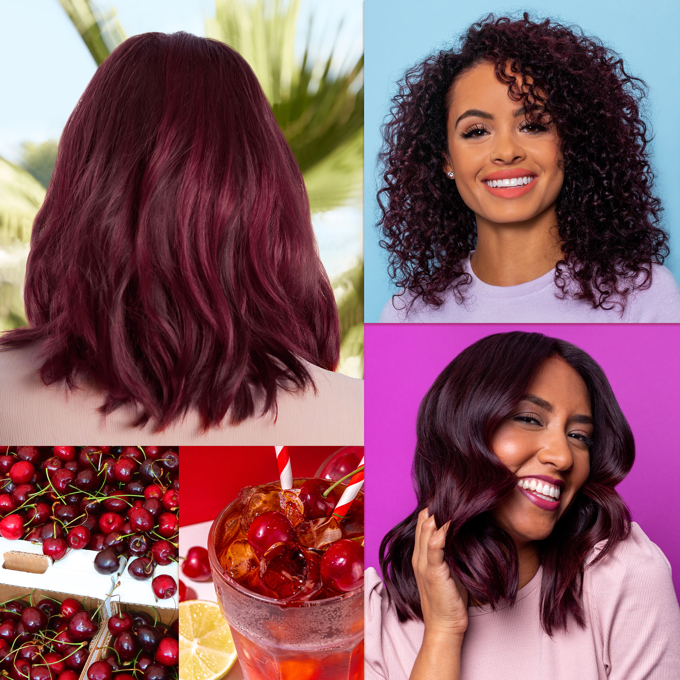 Collage of three women showcasing the Cherry Cola hair color trend.