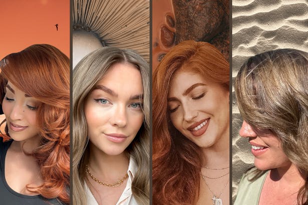 A collage of four women with different earth tone hair colors. 