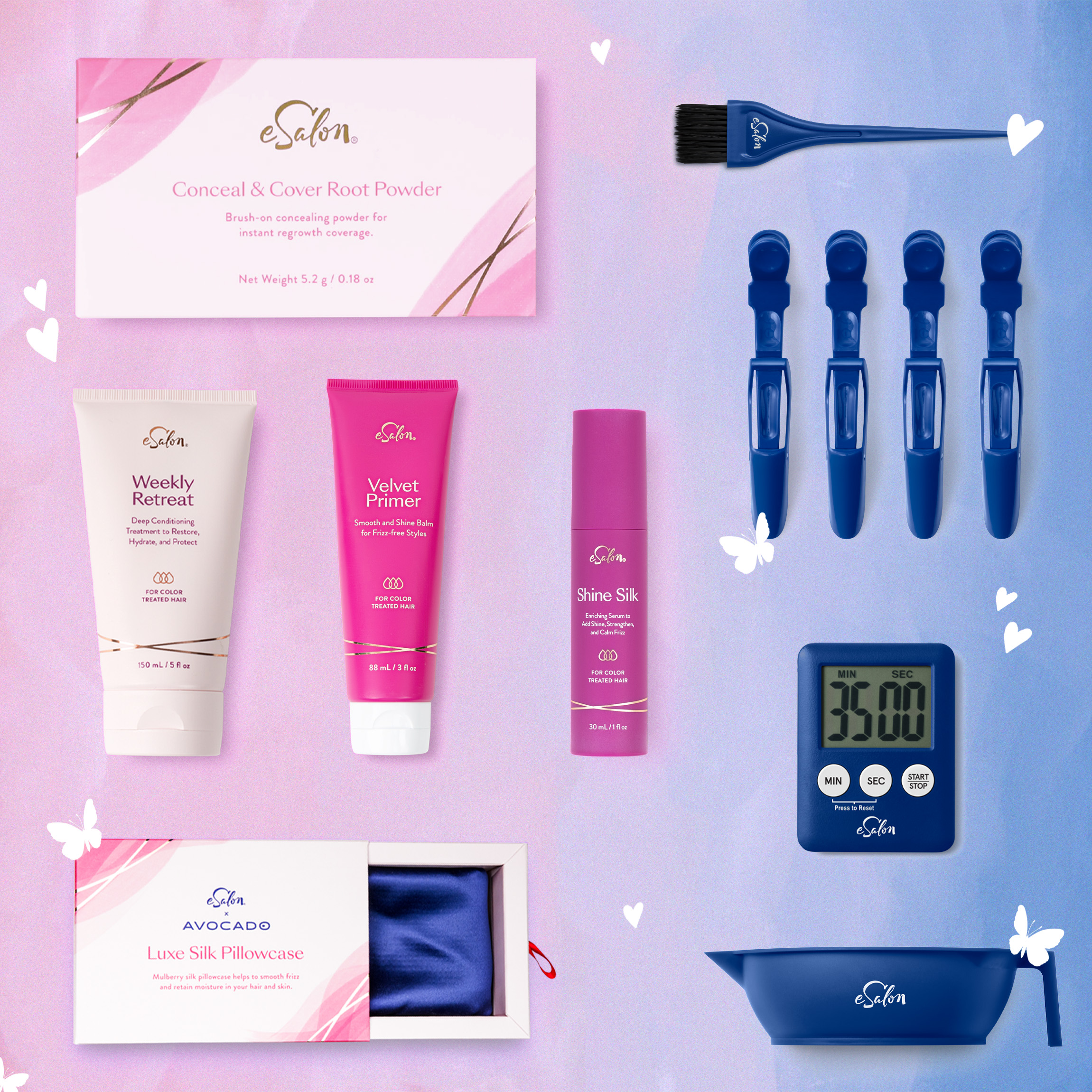 Collage of Mother's Day gifts with butterfly and heart illustrations. 