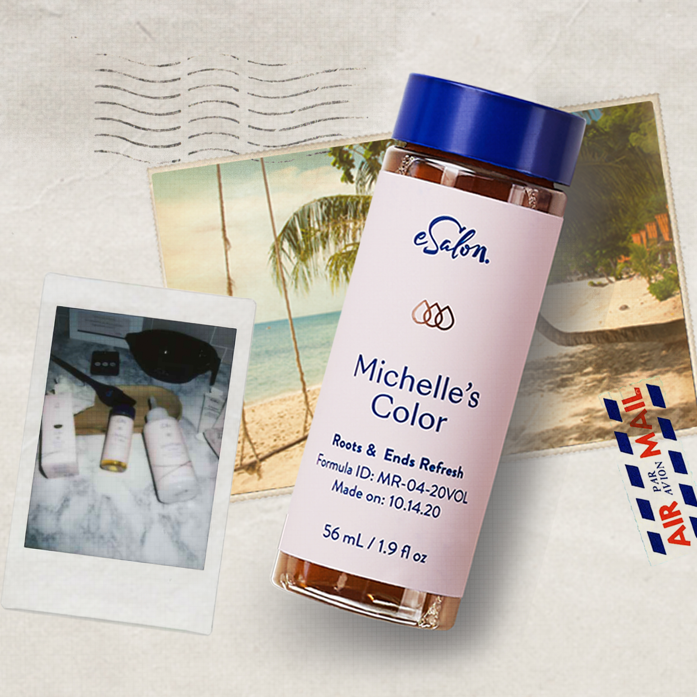 Hair dye bottle with a travel-inspired background. 