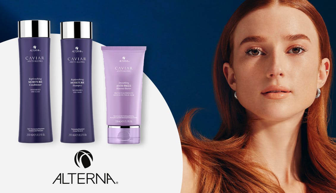 Alterna model alongside Alterna products. 
