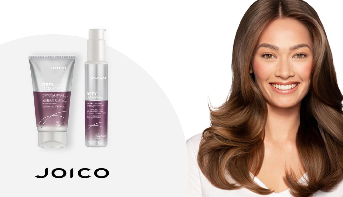 Joico model alongside Joico products. 