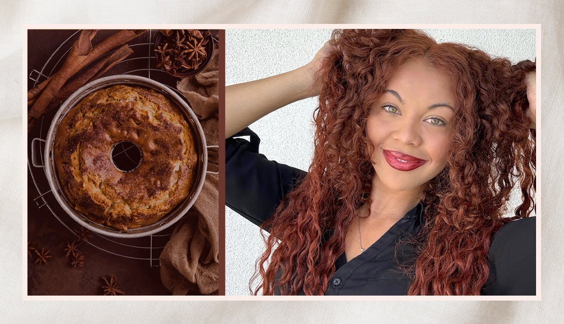 Woman with Toasted Auburn hair next to a toasted bundt cake. 