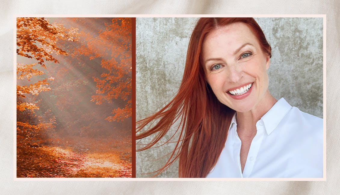 Woman with Copper Glow hair color next to a glowing fall scene. 