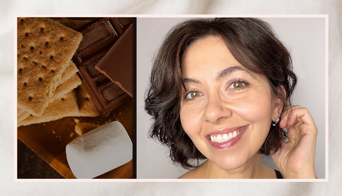 Woman with Chocolate S'more hair next to an ooey-gooey s'more. 