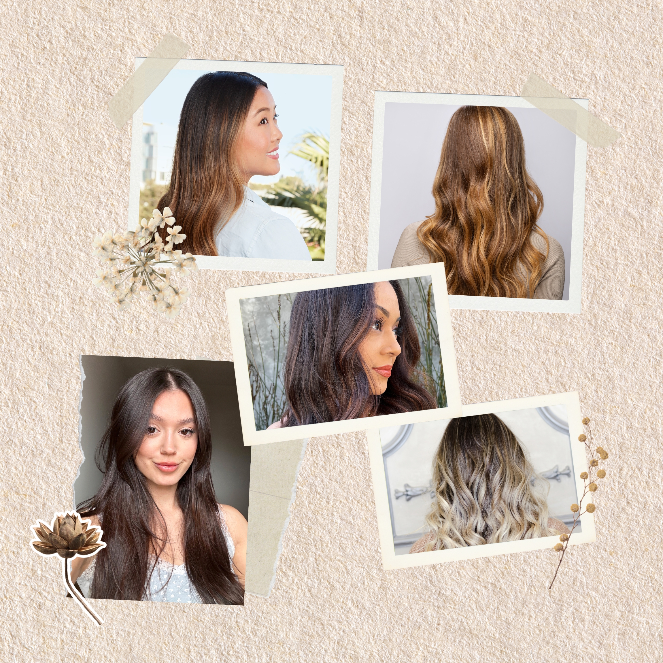 Collage of five women showcasing low-maintenance hair colors. 