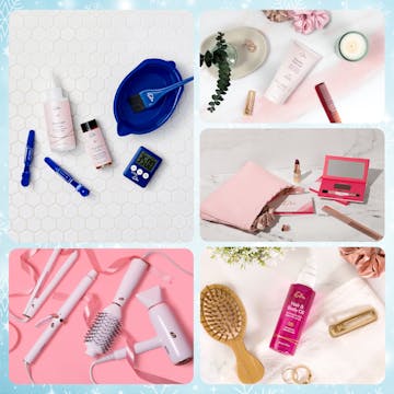 Collage of the holiday gifts featured in this gift guide with a snowy background.