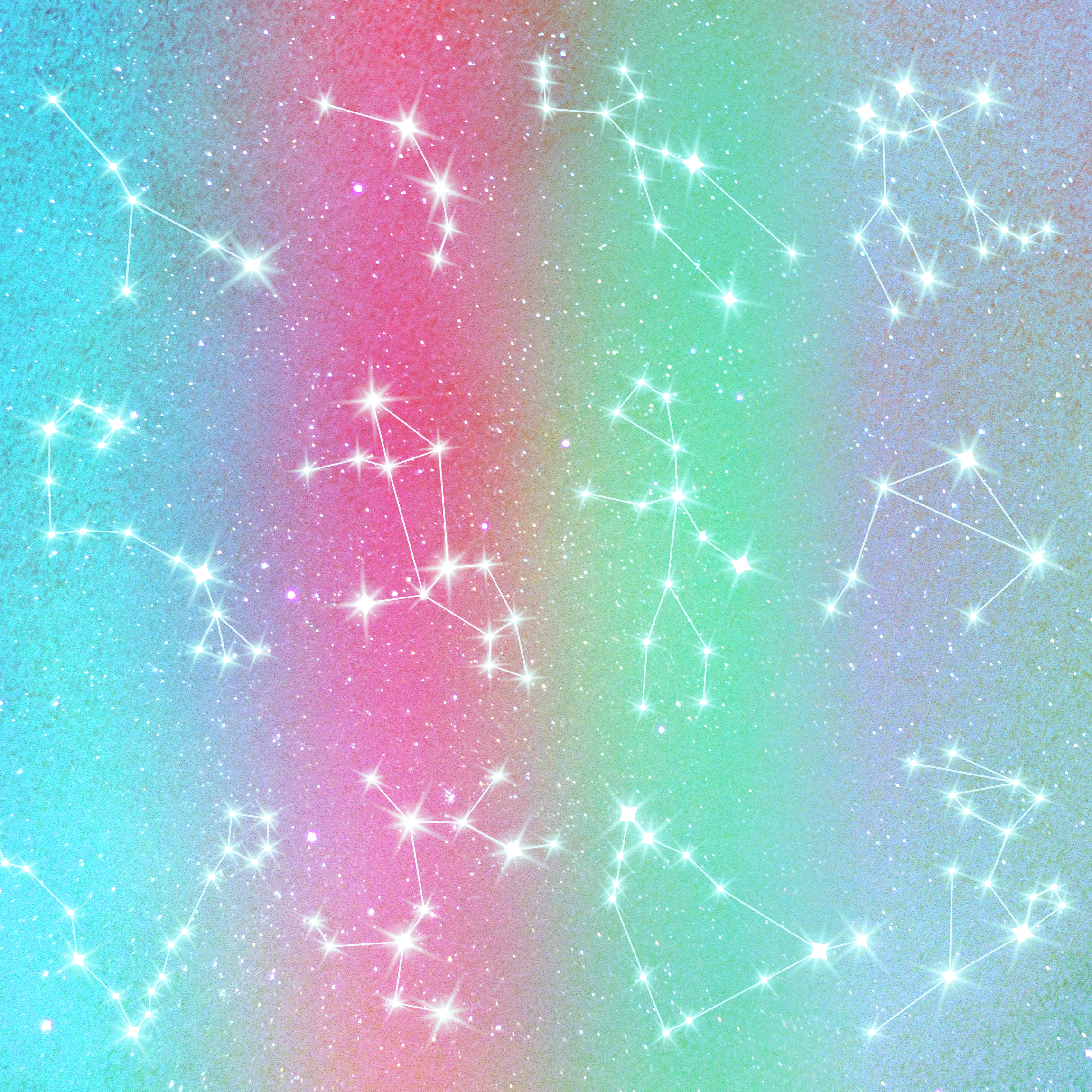 Dreamy collage of different constellations with a colorful, aura-inspired background.