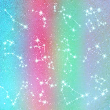 Dreamy collage of different constellations with a colorful, aura-inspired background.