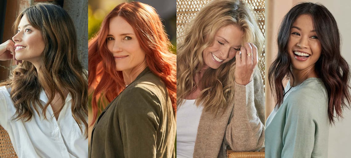 eSalon clients with trailblazing brunette, courageous copper, golden year blonde, and wishing well brunette/black custom home hair color using Color Set.