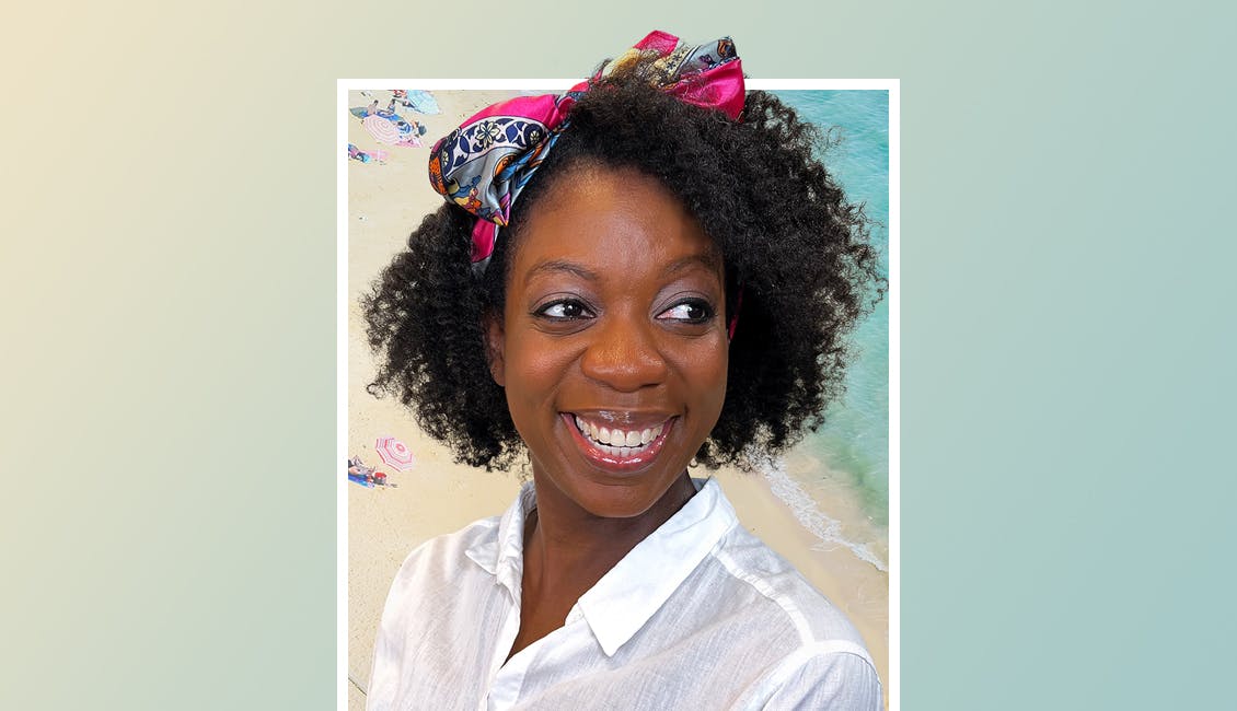 Black woman with curly hair showcasing the silk scarf hair band style