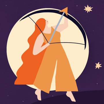 Image of woman zodiac standing with a bow and arrow in front of the moon and in the stars featured in esalon's color mastery color horoscope article