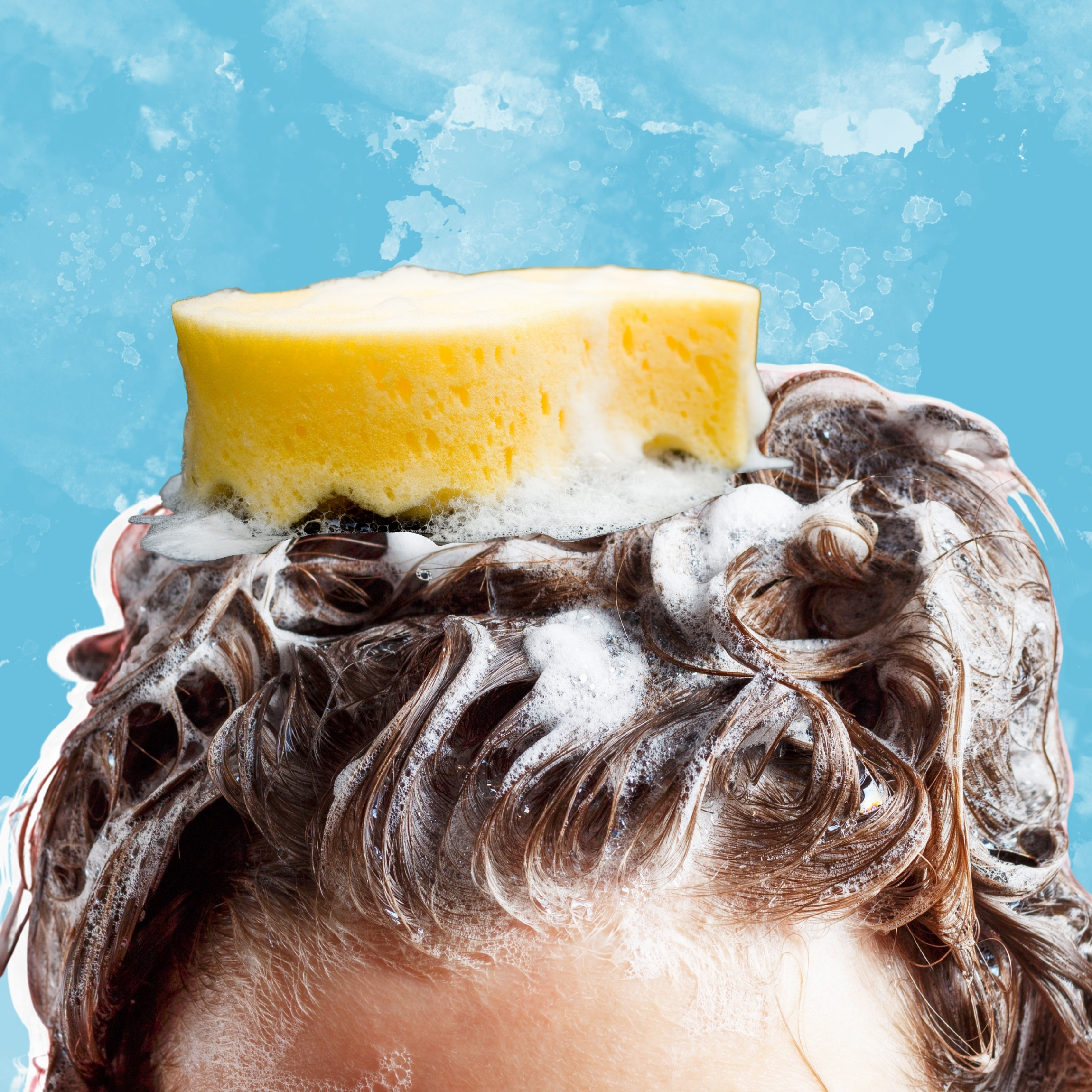 Top of a person's head with shampoo suds and a big illustrated sponge. 
