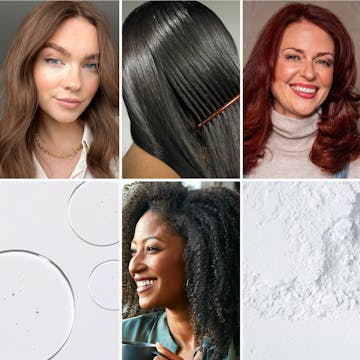 Collage of women showing the latest hair color and style trends, plus, images of trending hair care ingredients.