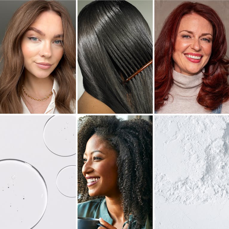 Collage of women showing the latest hair color and style trends, plus, images of trending hair care ingredients.
