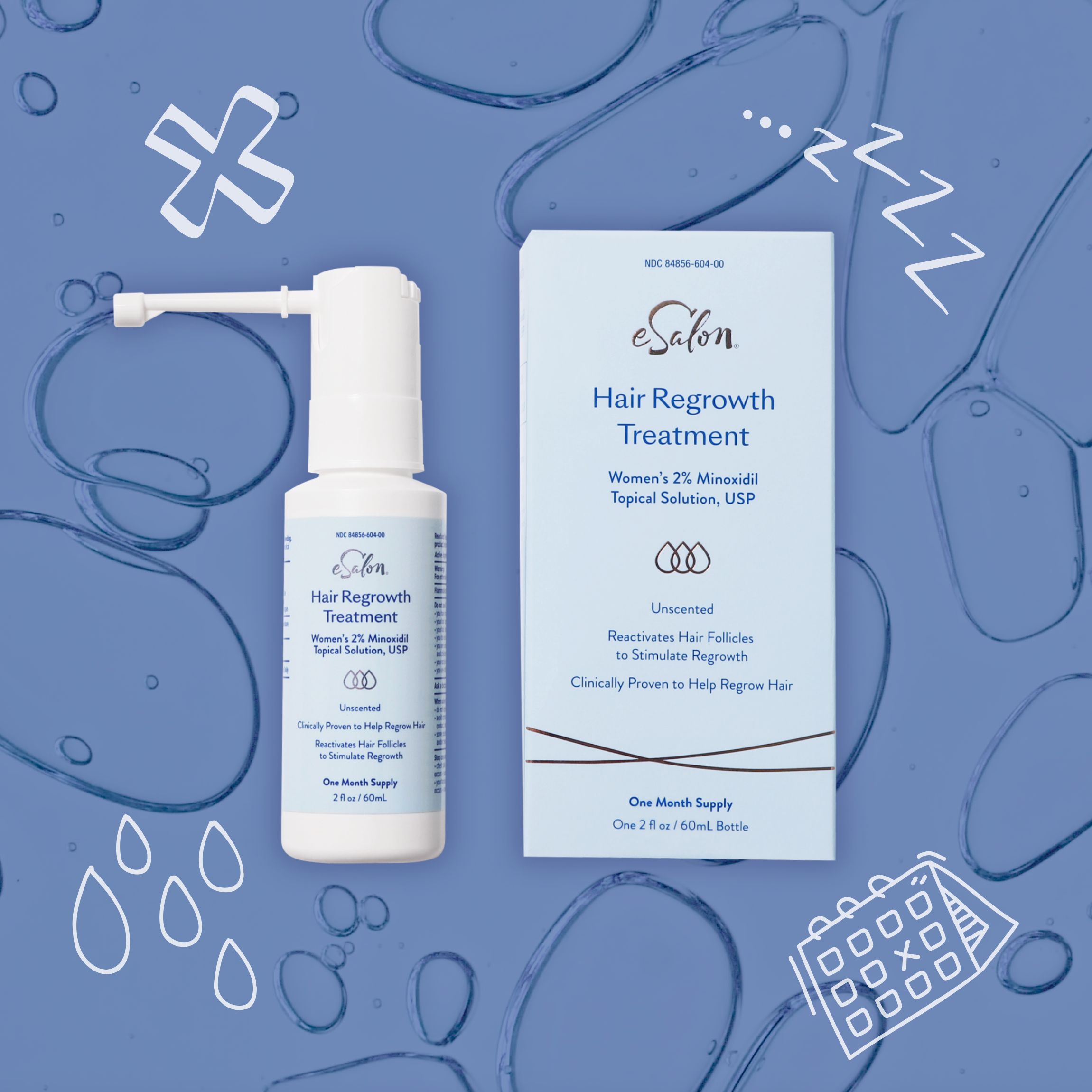 Funky illustration featuring eSalon's 2% Minoxidil Hair Regrowth Treatment bottle and packaging. 