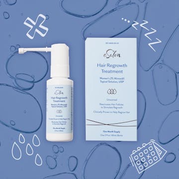 Funky illustration featuring eSalon's 2% Minoxidil Hair Regrowth Treatment bottle and packaging.