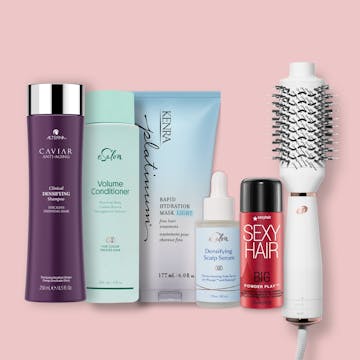 Woman with fine hair smiling next to the products suggested in this article.