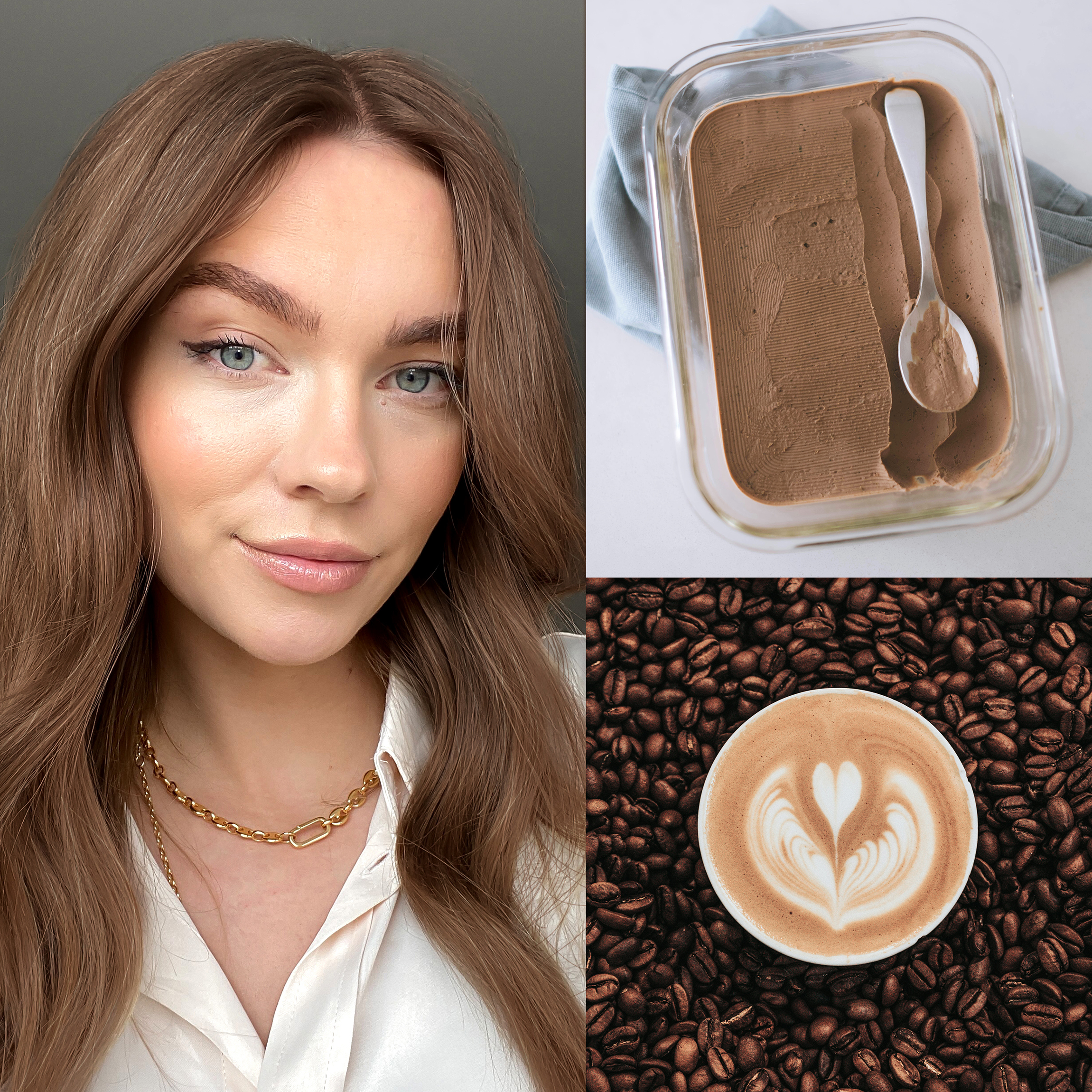 Woman with Mocha Mousse hair next to Chocolate Mousse and a Mocha. 