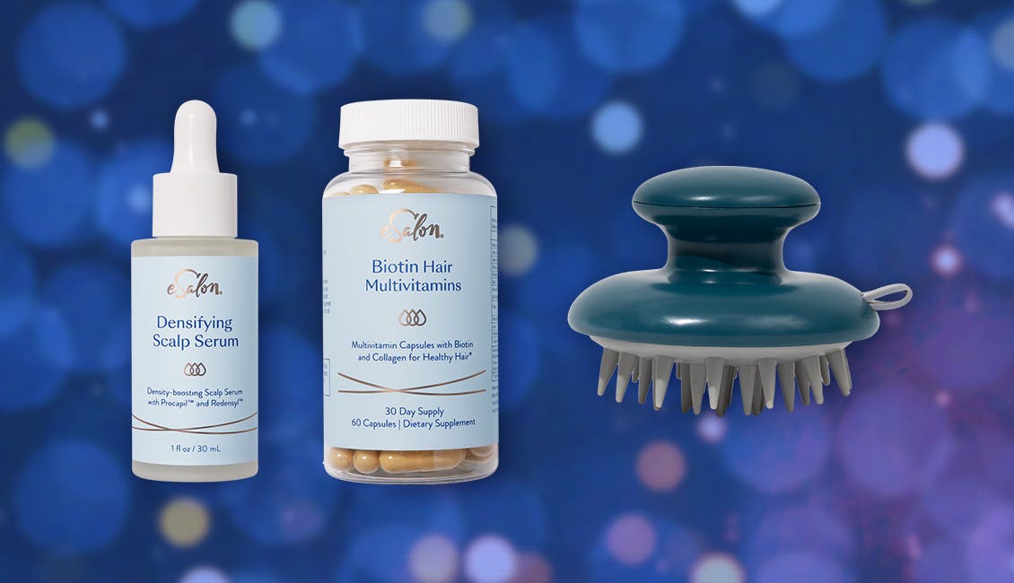 Collage of the items featured in this hair care bundle with a sparkly background.