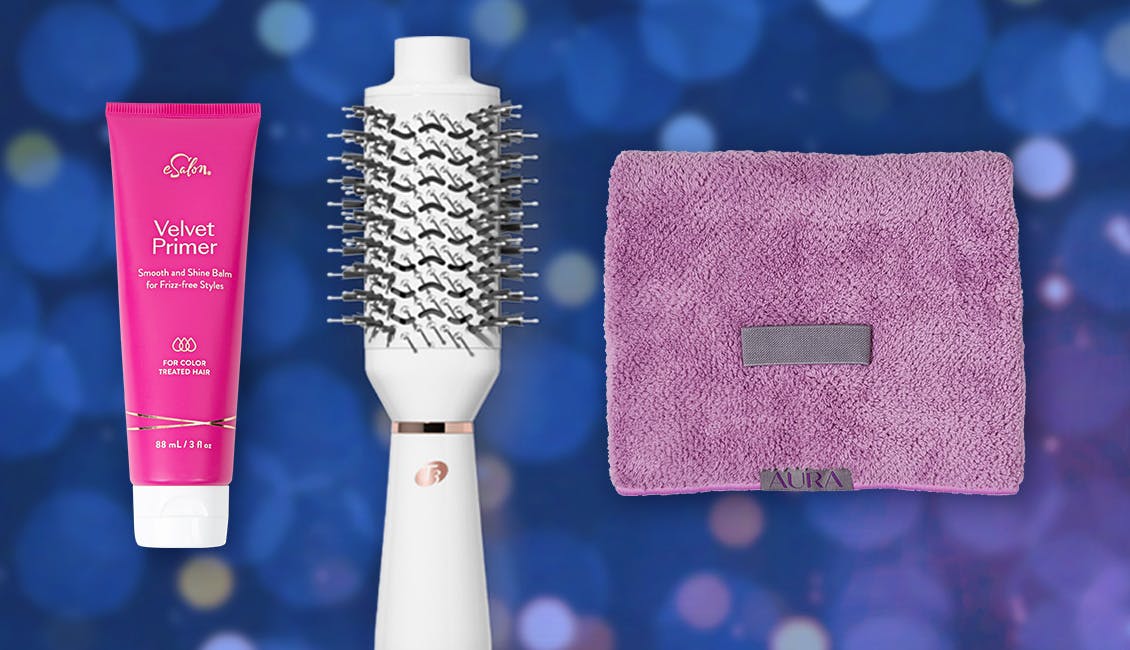 Collage of the items featured in this hair care bundle with a sparkly background.