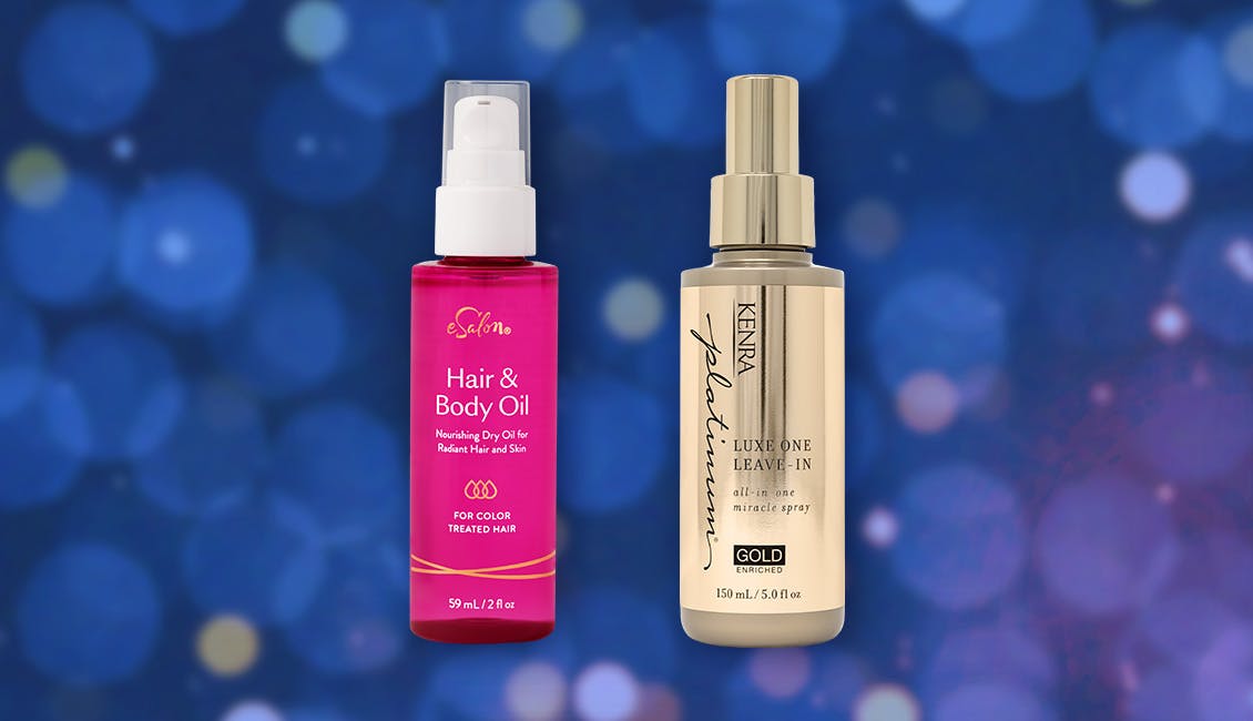 Collage of the items featured in this hair care bundle with a sparkly background.
