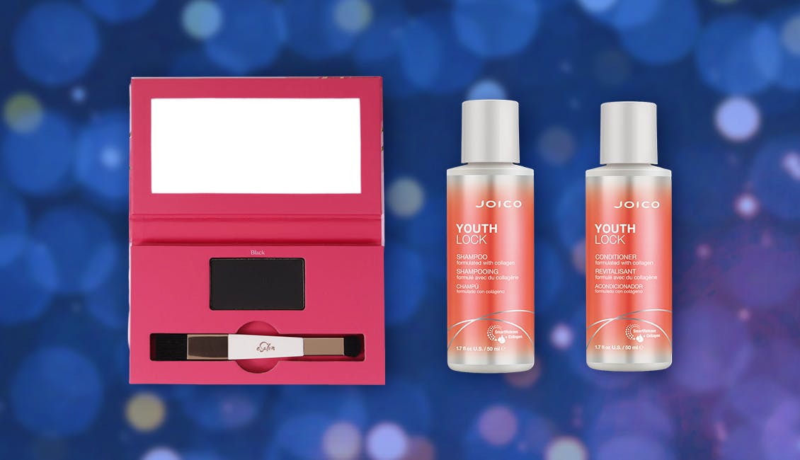 Collage of the items featured in this hair care bundle with a sparkly background.