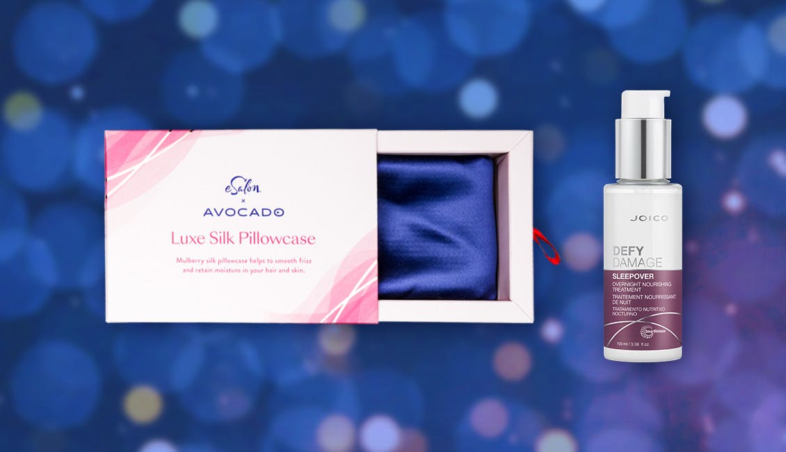 Collage of the items featured in this hair care bundle with a sparkly background.