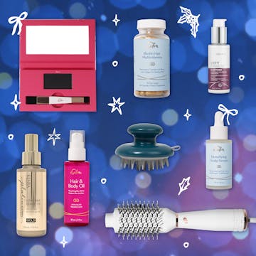 Collage of gifts featured in the gift guide with a wintry background.