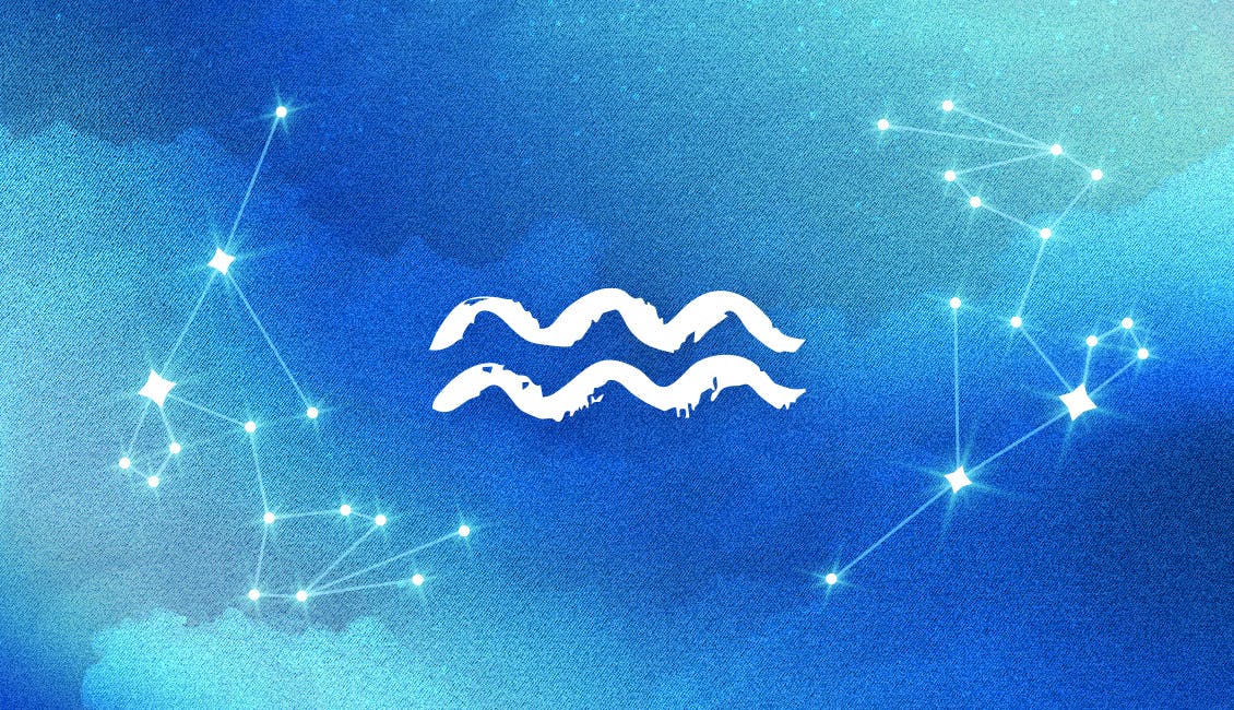 The Zodiac symbol for Aquarius with a dreamy, celestial background.